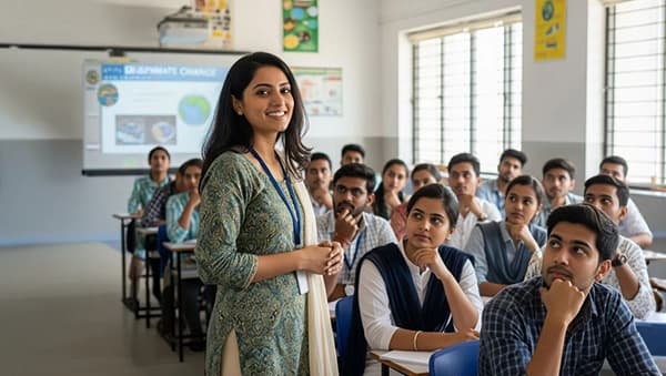 Teacher guiding students in a classroom