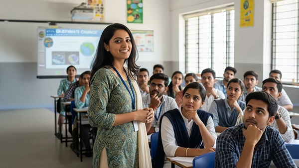 Teacher guiding students in a classroom